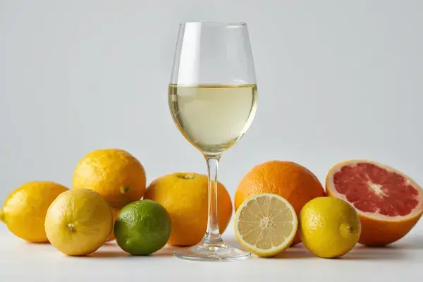 Copa de vino blanco elegante rodeada de cítricos frescos_ limones amarillos, limas verdes y toronjas